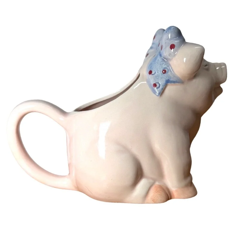 Vintage Pig Creamer and Sugar Bowl Set‎ Pink Ceramic Polka Dot Bows Farmhouse
